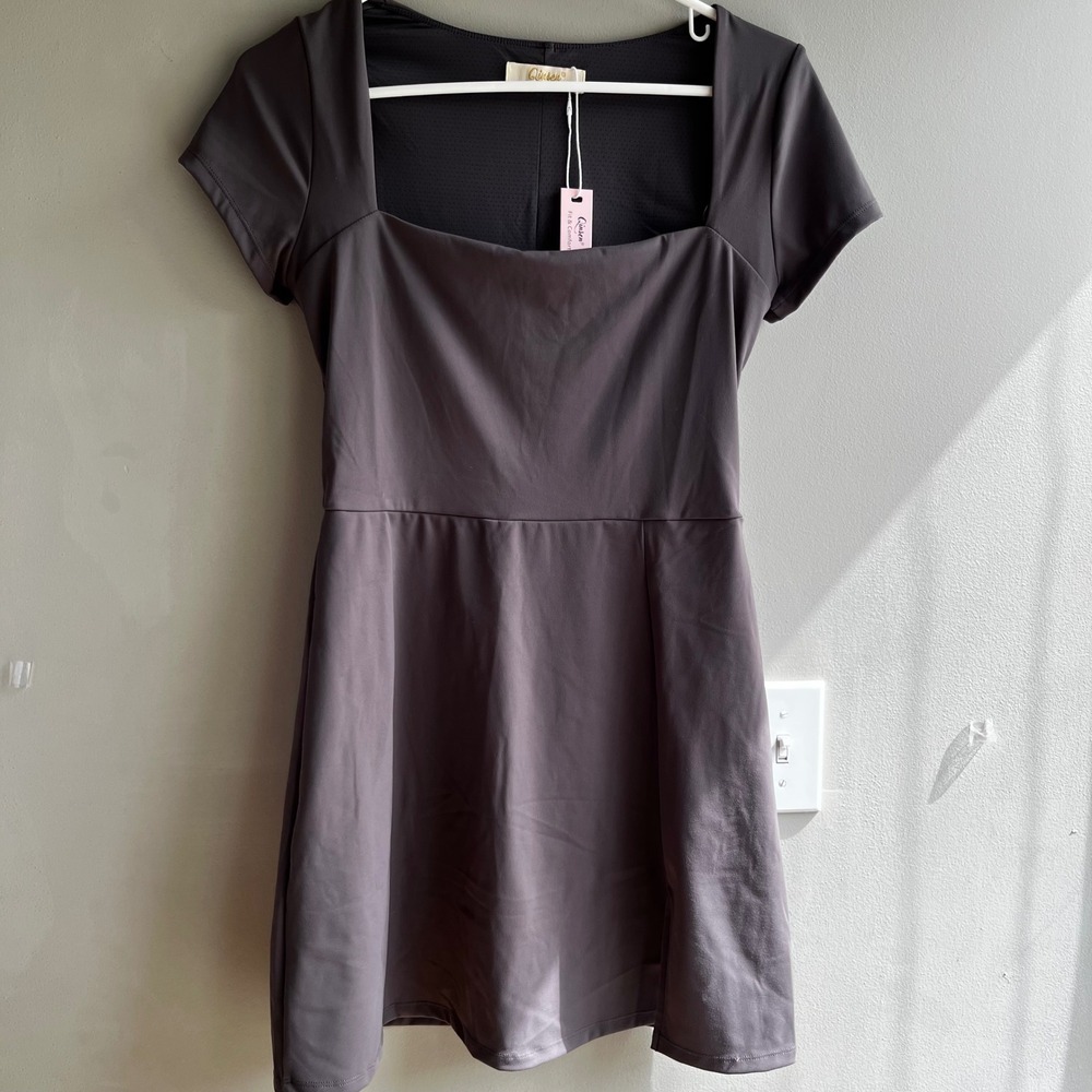 Qinsen Fit & Comfort Gray Square Neck Short Sleeve Mini Dress Medium Skims Like